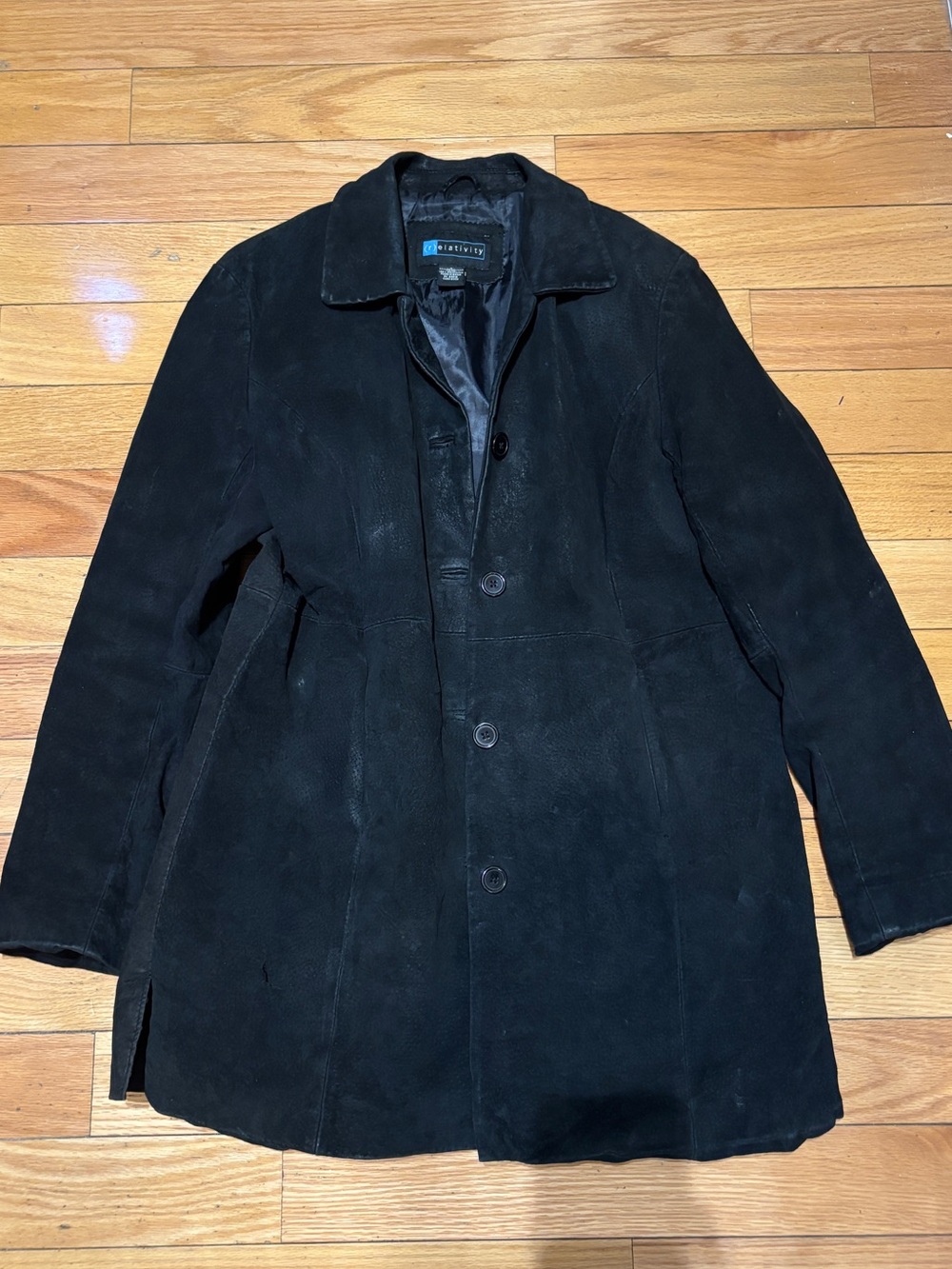 Relativity Men's Black and Grey Leather Trench Coat Jacket Size Large L